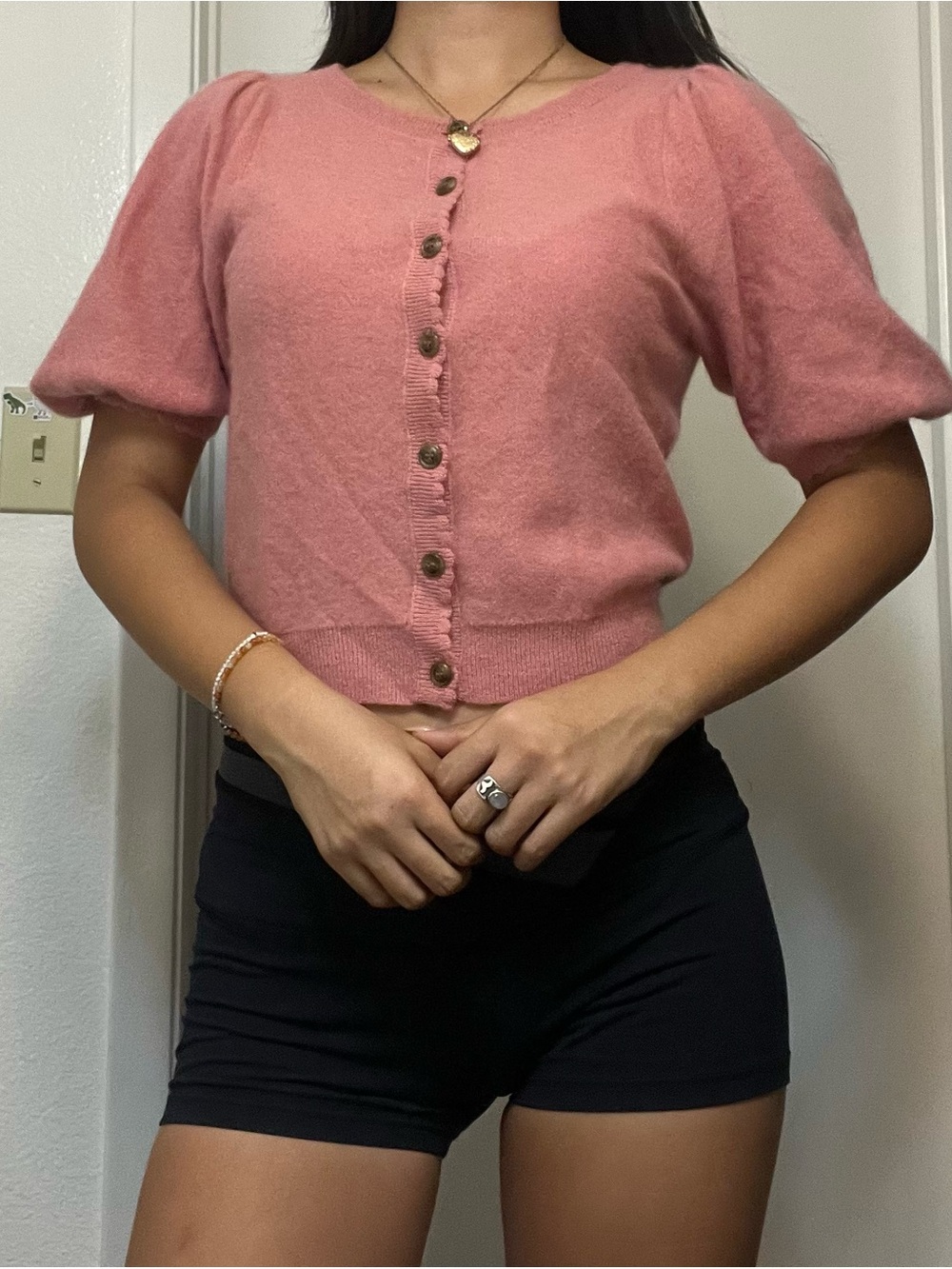 Maeve 100% Cashmere Anthropologie Pink Button Up Puff Sleeve Sweater